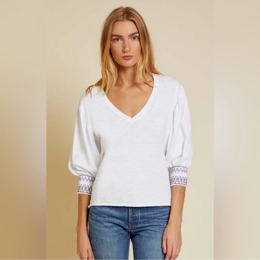 Nation LTD Jude Embroidered Smocked Ballon Sleeve V-neck White Top XS Patriotic - Picture 2 of 12